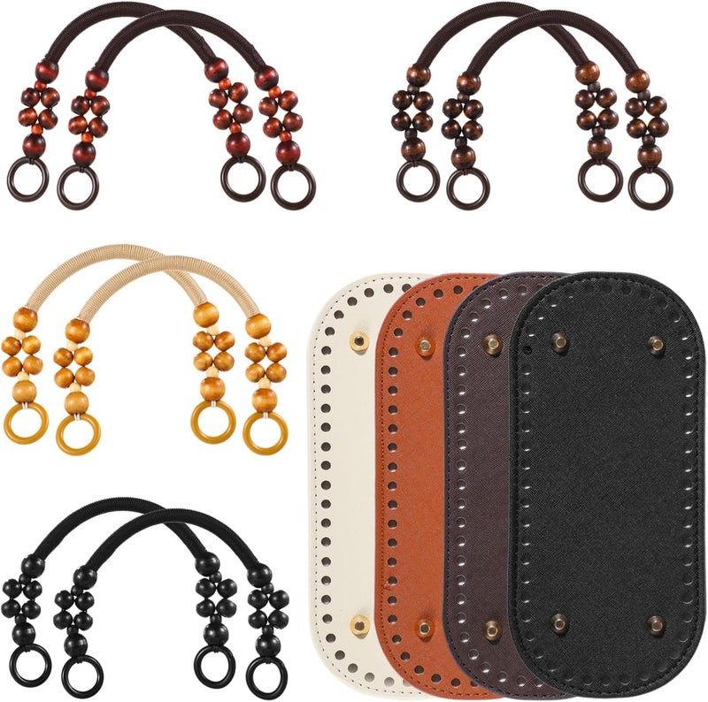 12 PCS Bag Handle and Base Set, 8 Beaded Woven Purse Handles with Rings and 4 Synthetic Leather Bag Bottoms with Pre-Punched Holes, DIY Handbag Making Supplies - Image 3