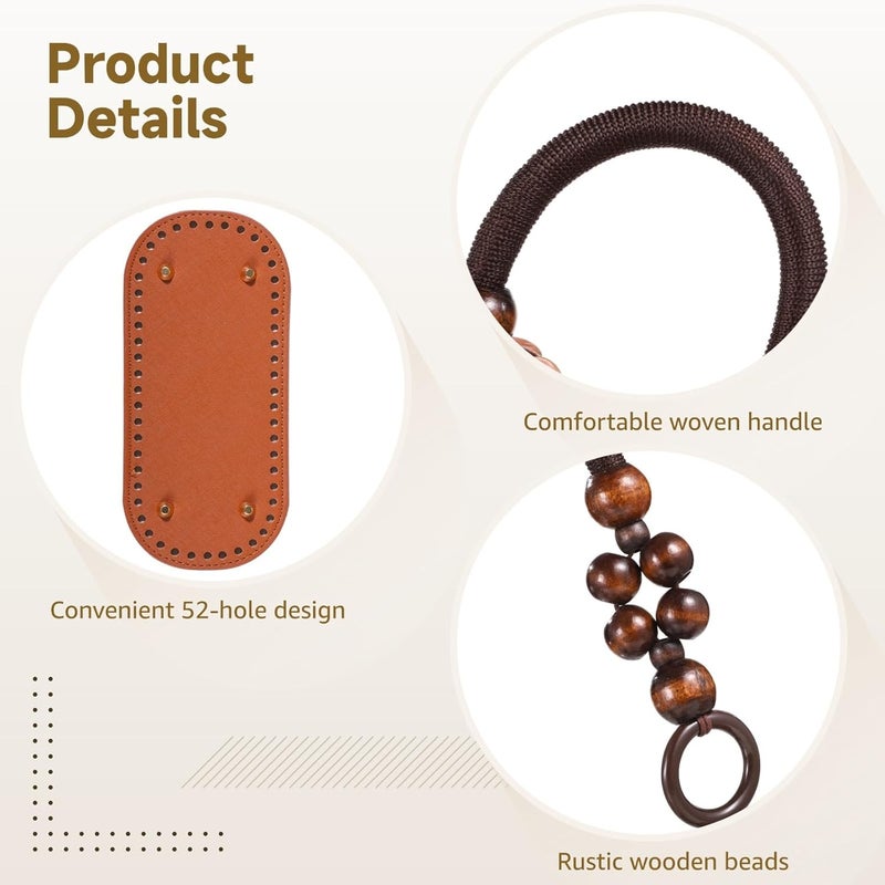 12 PCS Bag Handle and Base Set, 8 Beaded Woven Purse Handles with Rings and 4 Synthetic Leather Bag Bottoms with Pre-Punched Holes, DIY Handbag Making Supplies - Image 5