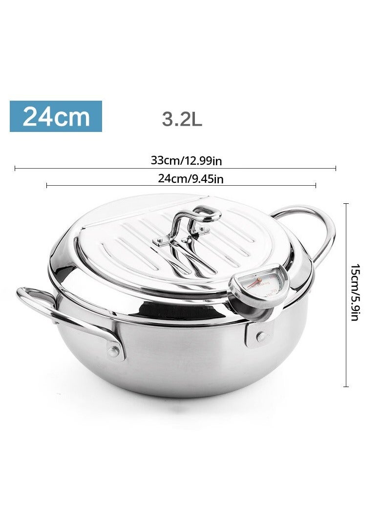 AROAQ مقلاة تيمبورا العميقة، وعاء قلي تيمبورا من الفولاذ المقاوم للصدأ مع ميزان حرارة وغطاء رف تنقيط الزيت، وعاء صغير لتصفية الزيت لتوفير الزيت للاستخدام المنزلي، (3.2 لتر) - Image 1