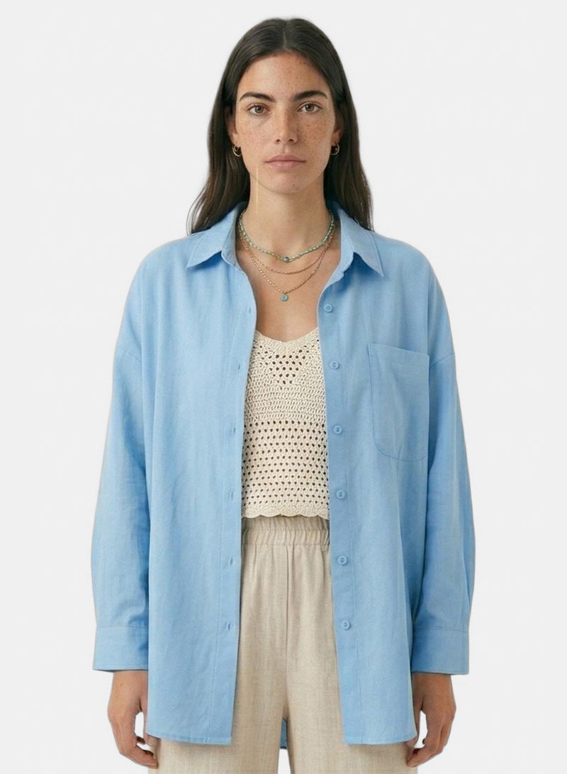 RAVIN Women Ravin Oversized Box-Pleat Azure Button-Down Shirt in Sky Blue - Image 1