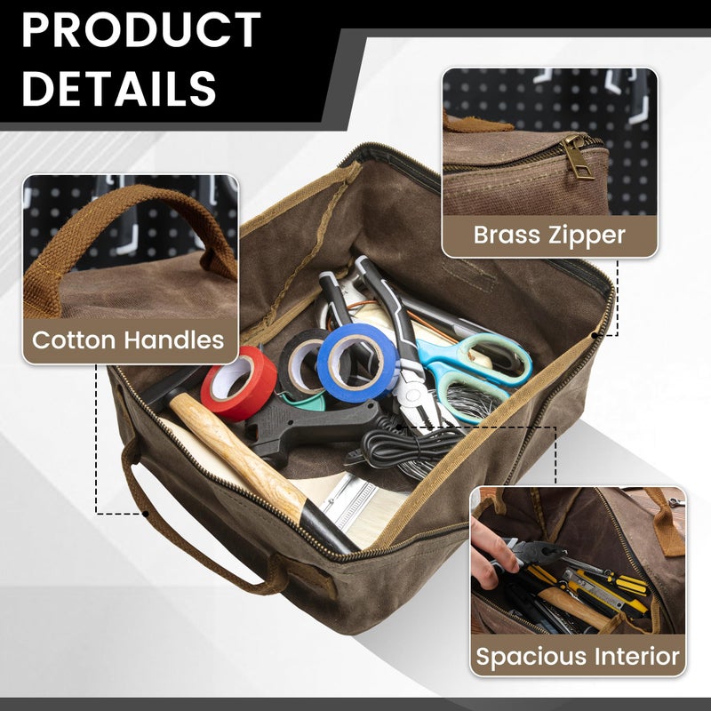 Kaaltisy Canvas Tool Bag, Zippered Tool Pouch with Handle, 16 OZ Waxed Canvas Tool Storage Organizer | 2-Pack | 9.5"L x 10.5"W x 5.5"H (Opened) - Grey - Image 3