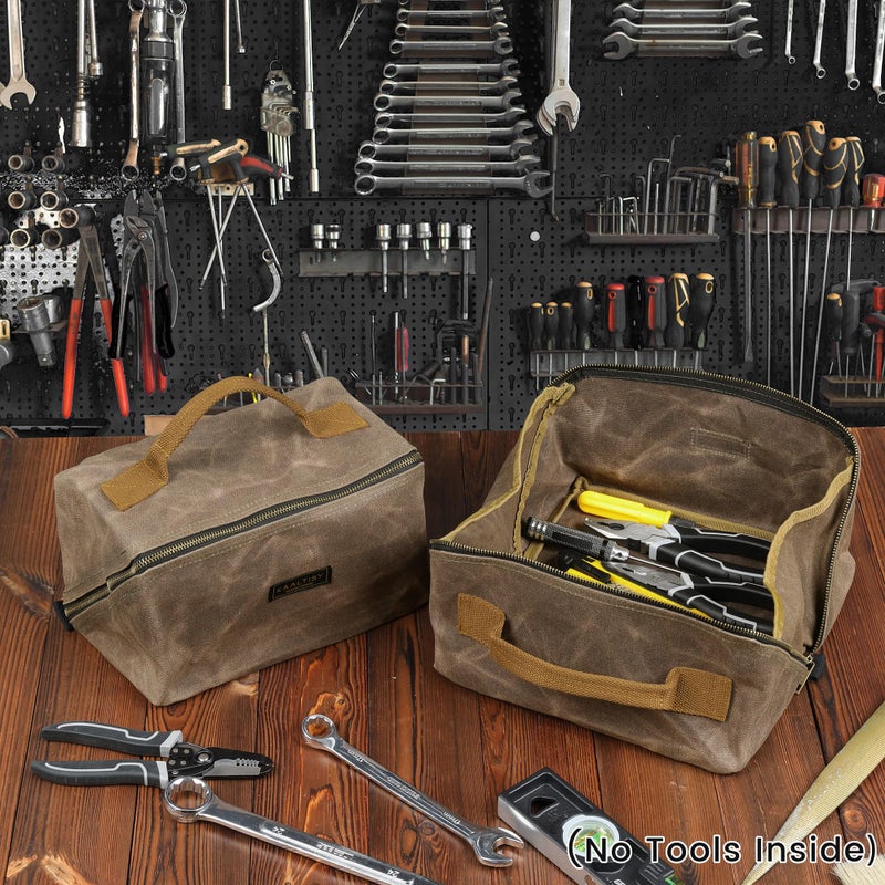 Kaaltisy Canvas Tool Bag, Zippered Tool Pouch with Handle, 16 OZ Waxed Canvas Tool Storage Organizer | 2-Pack | 9.5"L x 10.5"W x 5.5"H (Opened) - Grey - Image 5