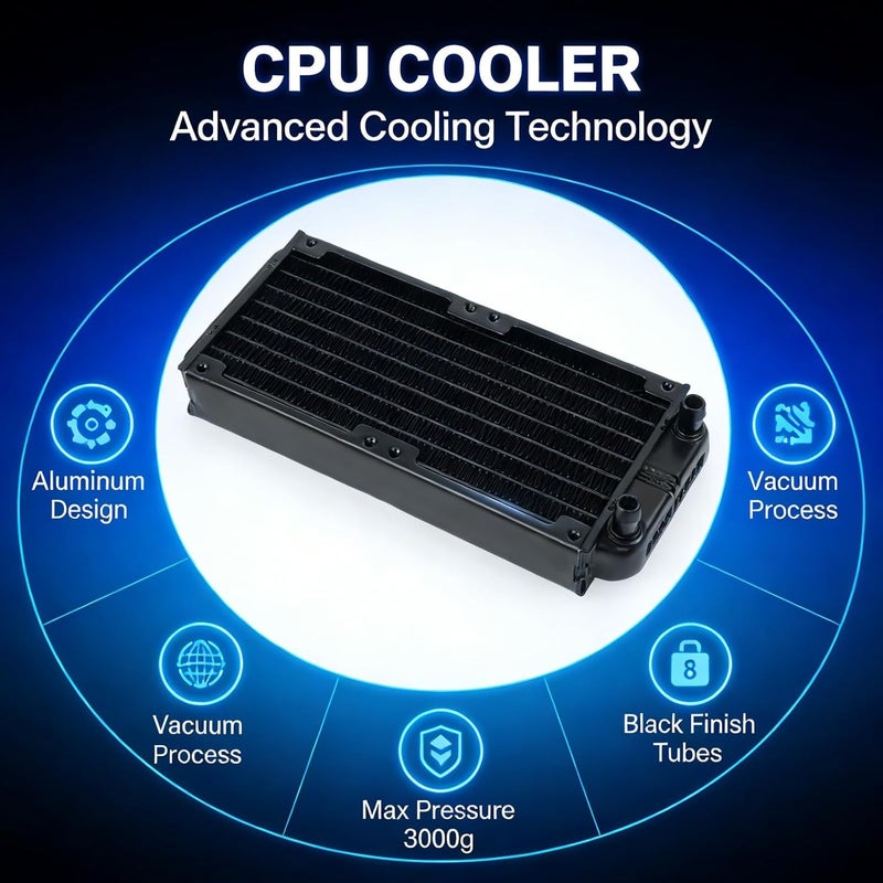 CPU Cooler Heat Sink with 8 Flat Tubes, Aluminum Black Water Cooling Radiator - High Safety, Vacuum Brazing, PC Heat Exchanger for DIY Computer Cooling System - Image 5