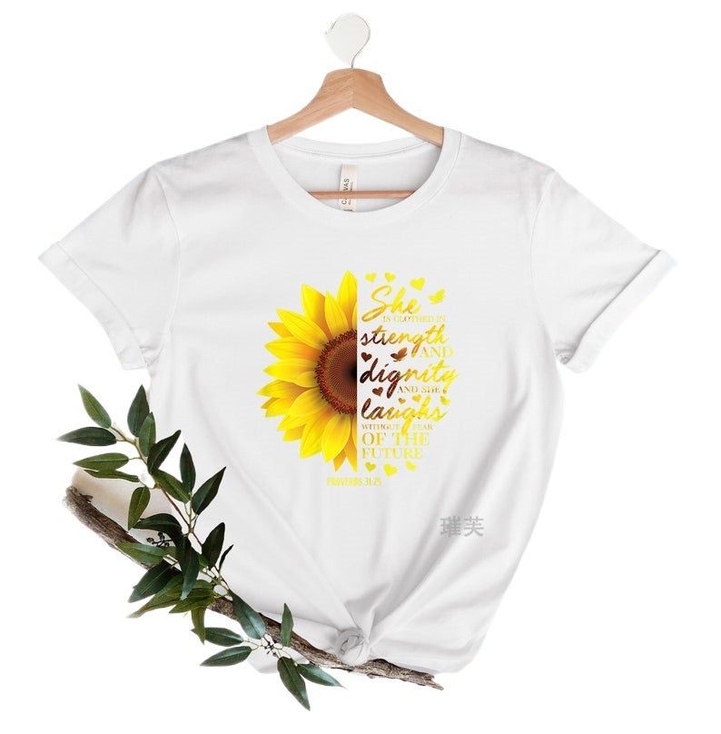 New Sunflower English Letter Printed Pattern Women'S Short Sleeve T-Shirt Top - Image 3