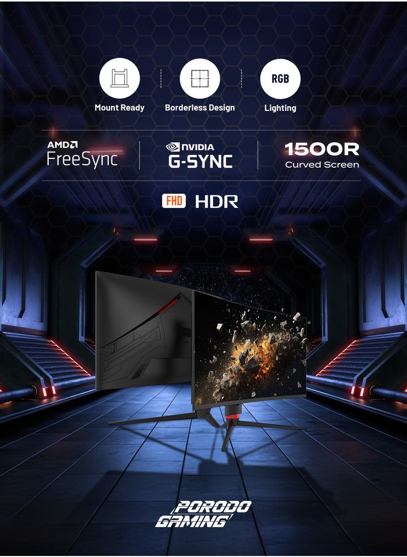 porodo - 27 Inch Curved Gaming Monitor 280Hz refresh rate FHD Borderless Design Monitor MT9800 Solution / Nvidia G-Sync with RGB light - Black - Image 1