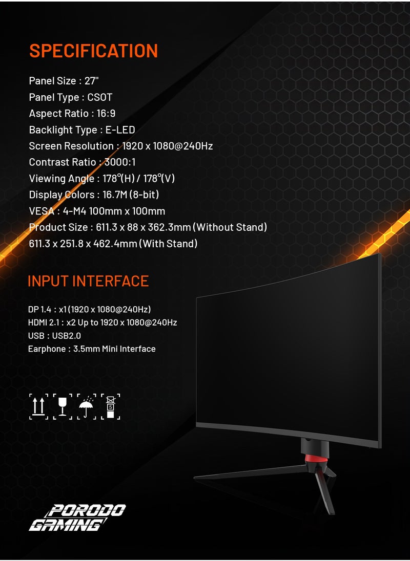 porodo - 27 Inch Curved Gaming Monitor 280Hz refresh rate FHD Borderless Design Monitor MT9800 Solution / Nvidia G-Sync with RGB light - Black - Image 1