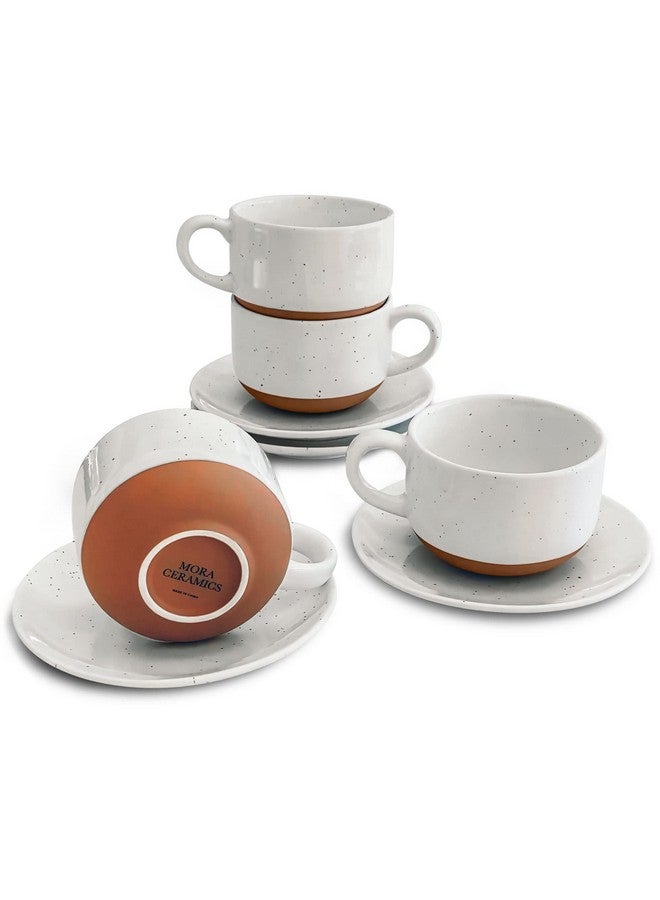 Mora Ceramics 8oz Cappuccino Mug Set of 4 - Ceramic Coffee Cups with Saucers - Microwave and Dishwasher Safe, Perfect For Tea, Espresso, Latte - Porcelain Mugs for Kitchen or Cafe - Vanilla White - Image 1