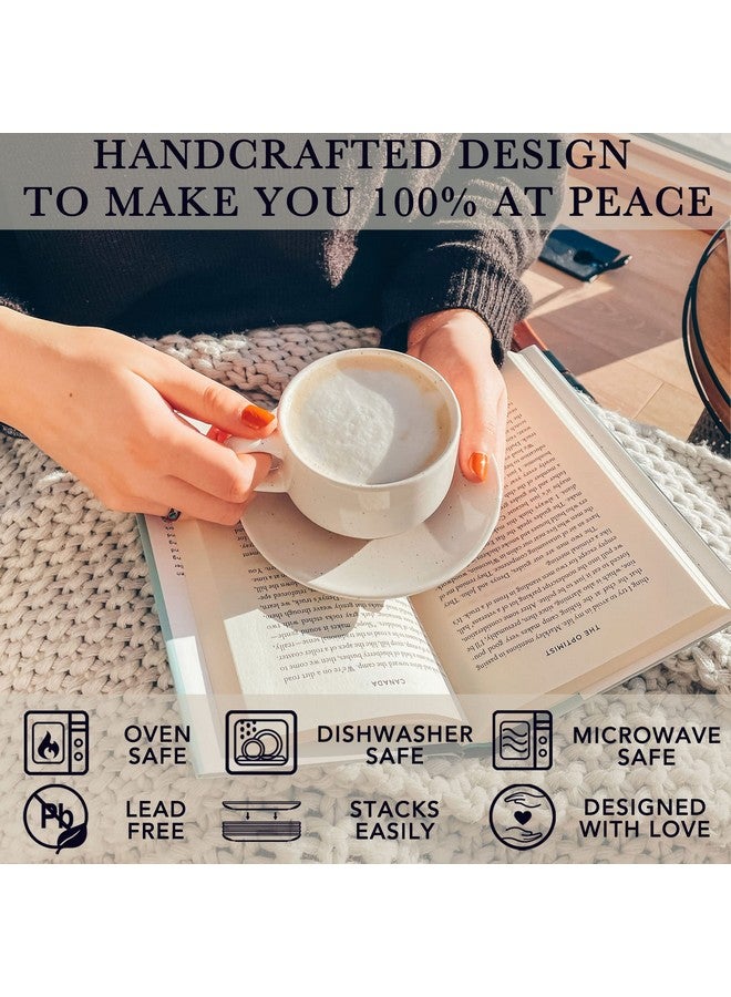 Mora Ceramics 8oz Cappuccino Mug Set of 4 - Ceramic Coffee Cups with Saucers - Microwave and Dishwasher Safe, Perfect For Tea, Espresso, Latte - Porcelain Mugs for Kitchen or Cafe - Vanilla White - Image 4