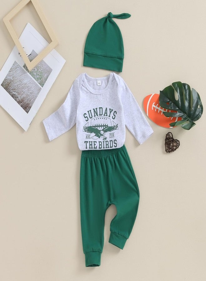 BULINGNA 3Pcs Infant Baby Boy Football Outfit Sundays are for The Birds Romper Bodysuit Pants with Hat Fall Clothes (Gray+Green, 6-12 Months) - Image 2