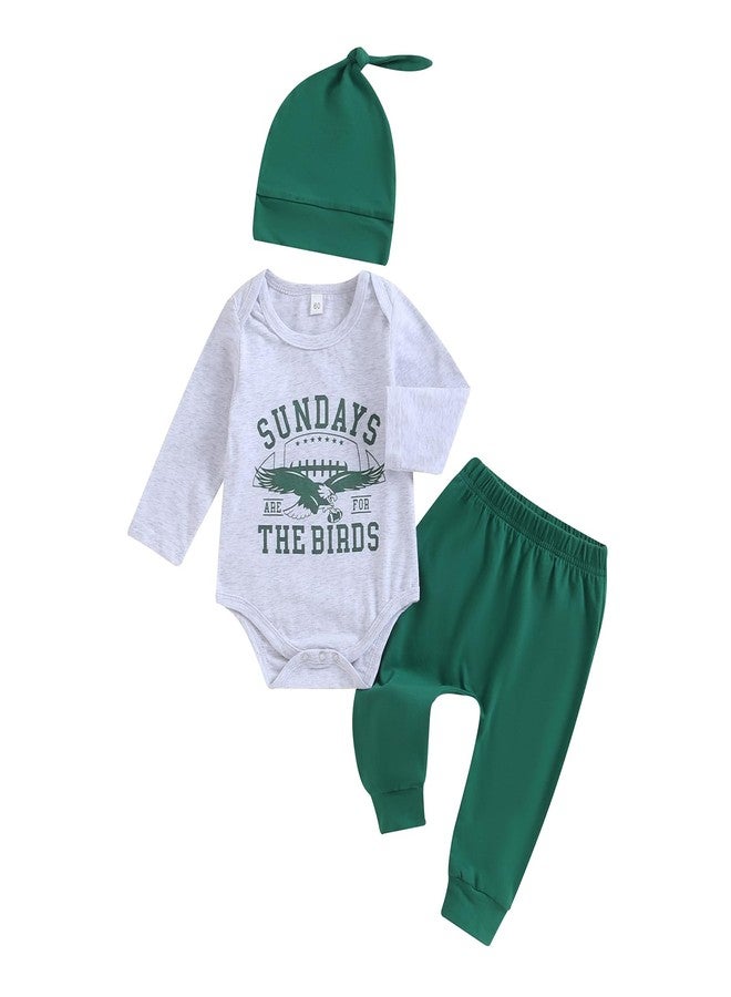 BULINGNA 3Pcs Infant Baby Boy Football Outfit Sundays are for The Birds Romper Bodysuit Pants with Hat Fall Clothes (Gray+Green, 6-12 Months) - Image 1