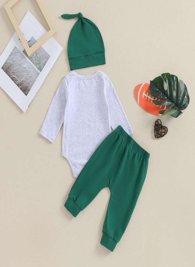 BULINGNA 3Pcs Infant Baby Boy Football Outfit Sundays are for The Birds Romper Bodysuit Pants with Hat Fall Clothes (Gray+Green, 6-12 Months) - Image 3