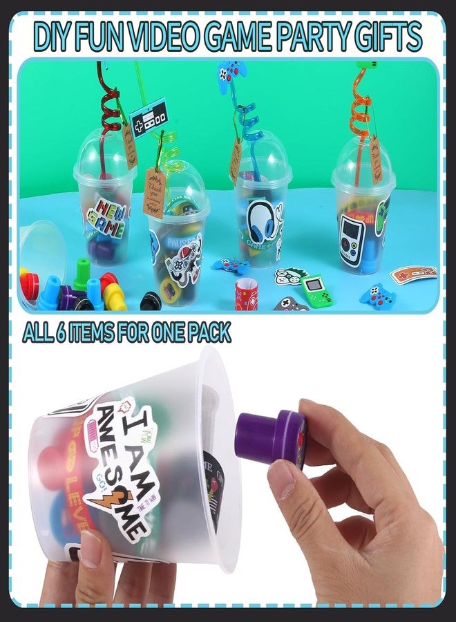 LiYiQ 292 Pcs Video Game Party Favors With Reusable Drinking Straws Cups Slap Bracelets Keychains Gift Tags Stamps Stickers and Twist Ties for Gamer Birthday Party Supplies - Image 3