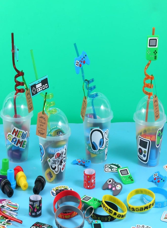 LiYiQ 292 Pcs Video Game Party Favors With Reusable Drinking Straws Cups Slap Bracelets Keychains Gift Tags Stamps Stickers and Twist Ties for Gamer Birthday Party Supplies - Image 4