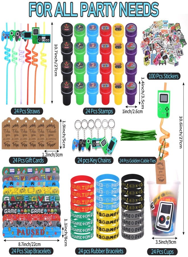 LiYiQ 292 Pcs Video Game Party Favors With Reusable Drinking Straws Cups Slap Bracelets Keychains Gift Tags Stamps Stickers and Twist Ties for Gamer Birthday Party Supplies - Image 2