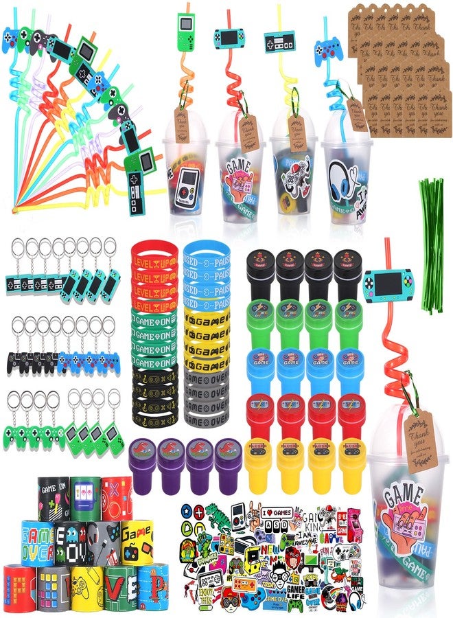 LiYiQ 292 Pcs Video Game Party Favors With Reusable Drinking Straws Cups Slap Bracelets Keychains Gift Tags Stamps Stickers and Twist Ties for Gamer Birthday Party Supplies - Image 1
