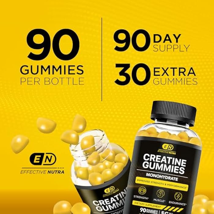 Effective Nutra Creatine Monohydrate Gummies - 1g Creatine per Gummy - Vegan Muscle & Strength Supplement for Men & Women - Supports Muscle Growth, Energy, Endurance - Lemon Flavor, Made in USA (90ct) - Image 4