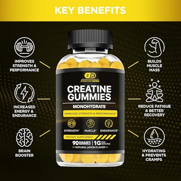 Effective Nutra Creatine Monohydrate Gummies - 1g Creatine per Gummy - Vegan Muscle & Strength Supplement for Men & Women - Supports Muscle Growth, Energy, Endurance - Lemon Flavor, Made in USA (90ct) - Image 2