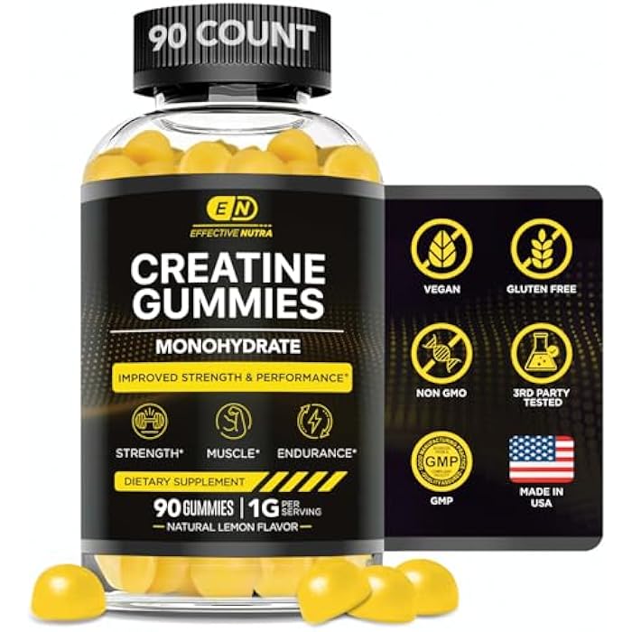 Effective Nutra Creatine Monohydrate Gummies - 1g Creatine per Gummy - Vegan Muscle & Strength Supplement for Men & Women - Supports Muscle Growth, Energy, Endurance - Lemon Flavor, Made in USA (90ct) - Image 1