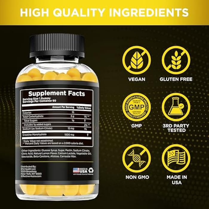 Effective Nutra Creatine Monohydrate Gummies - 1g Creatine per Gummy - Vegan Muscle & Strength Supplement for Men & Women - Supports Muscle Growth, Energy, Endurance - Lemon Flavor, Made in USA (90ct) - Image 5