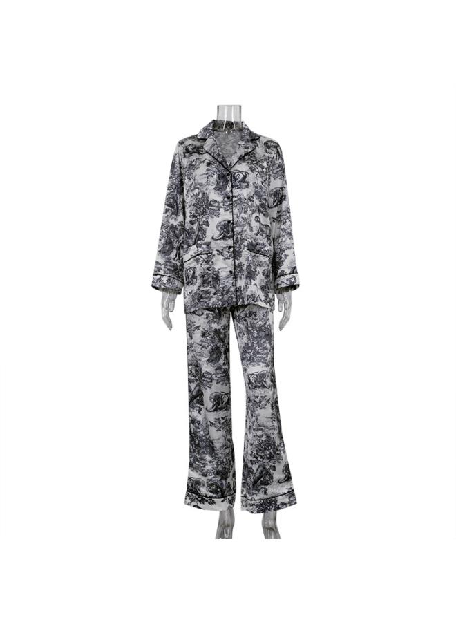European And American Women's Spring And Autumn New Ladies Fashion Casual Suit Ink Wind Lapel Long Sleeve Shirt Two-piece Set