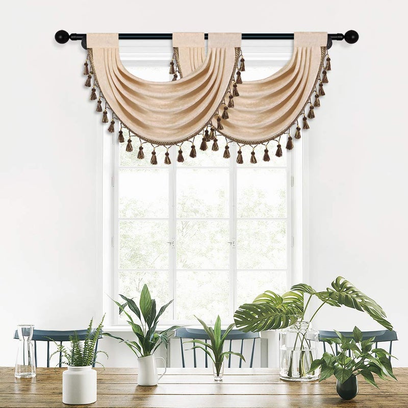 ELKCA Thick Chenille Waterfall Swag Valances for Living Room Beige Valance Curtains for Kitchen,Pack of 2 (Beige, 30" W x 22" L)