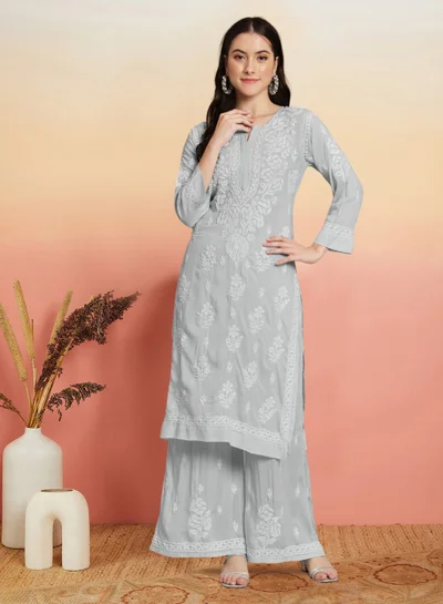 Alaya Hand embroidered chikan modal straight kurta palazzos AL3668