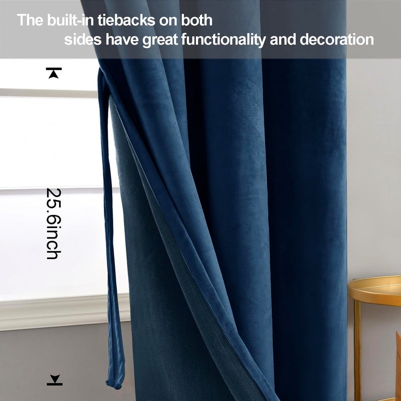 JIUZHEN Navy Velvet Curtains 90 inches Blackout Curtains for Living Room - Thermal Insualted Room Darkening Grommet Thick Velvet Window Drapes for Bedroom  Set of 2 with Tiebacks  42W x 90L - Image 3