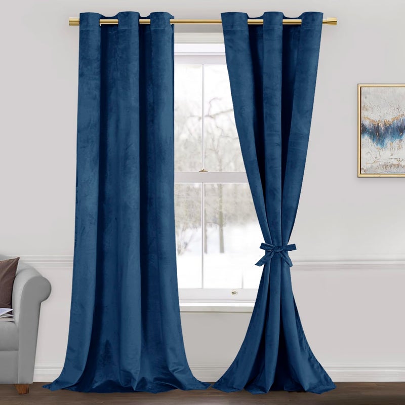 JIUZHEN Navy Velvet Curtains 90 inches Blackout Curtains for Living Room - Thermal Insualted Room Darkening Grommet Thick Velvet Window Drapes for Bedroom  Set of 2 with Tiebacks  42W x 90L - Image 1