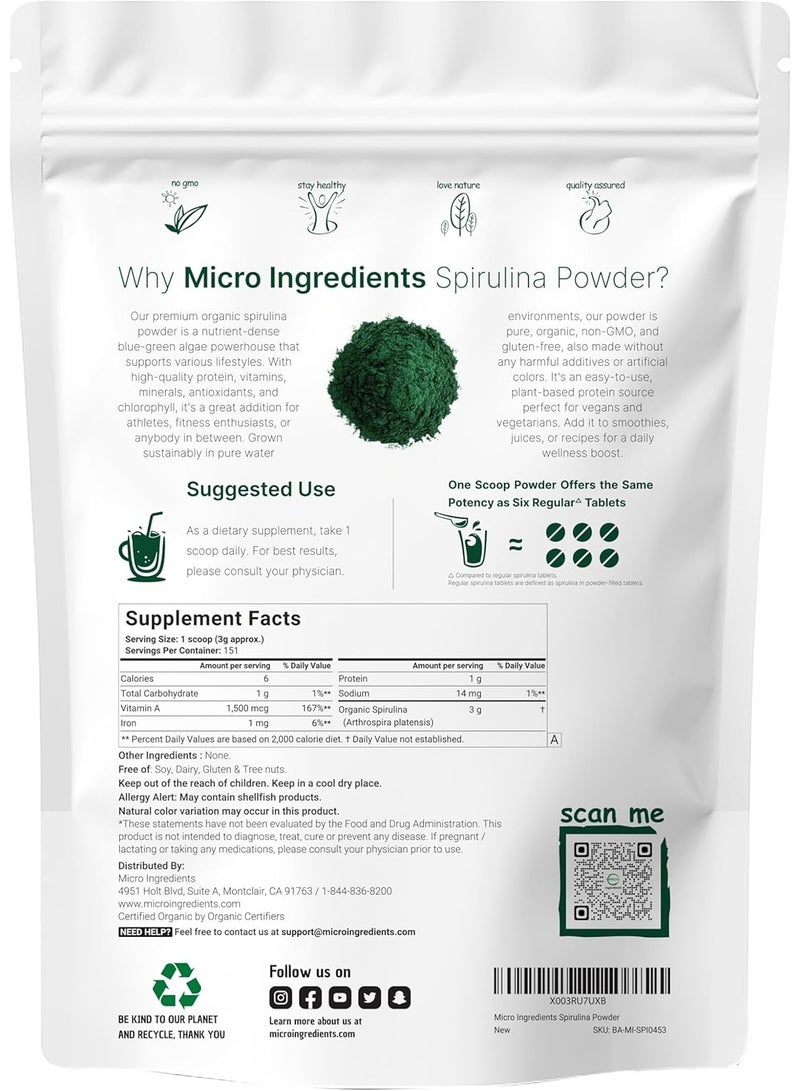 Micro Ingredients مسحوق سبيرولينا العضوي، غني بالبروتين النباتي، 1 رطل - Image 2
