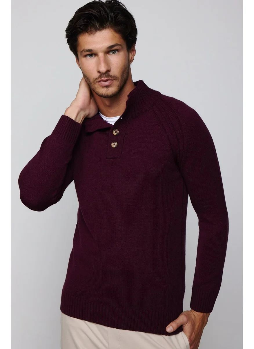 Tudors Men's Slim Fit Slim Fit Stand Collar Buttoned Burgundy Knitwear Sweater