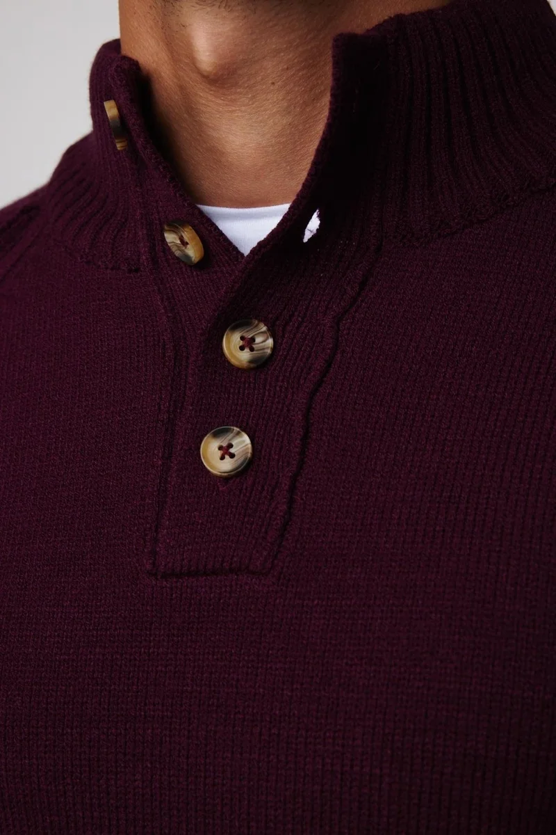 تودورس Men's Slim Fit Slim Fit Stand Collar Buttoned Burgundy Knitwear Sweater