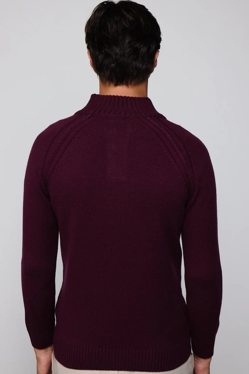 تودورس Men's Slim Fit Slim Fit Stand Collar Buttoned Burgundy Knitwear Sweater