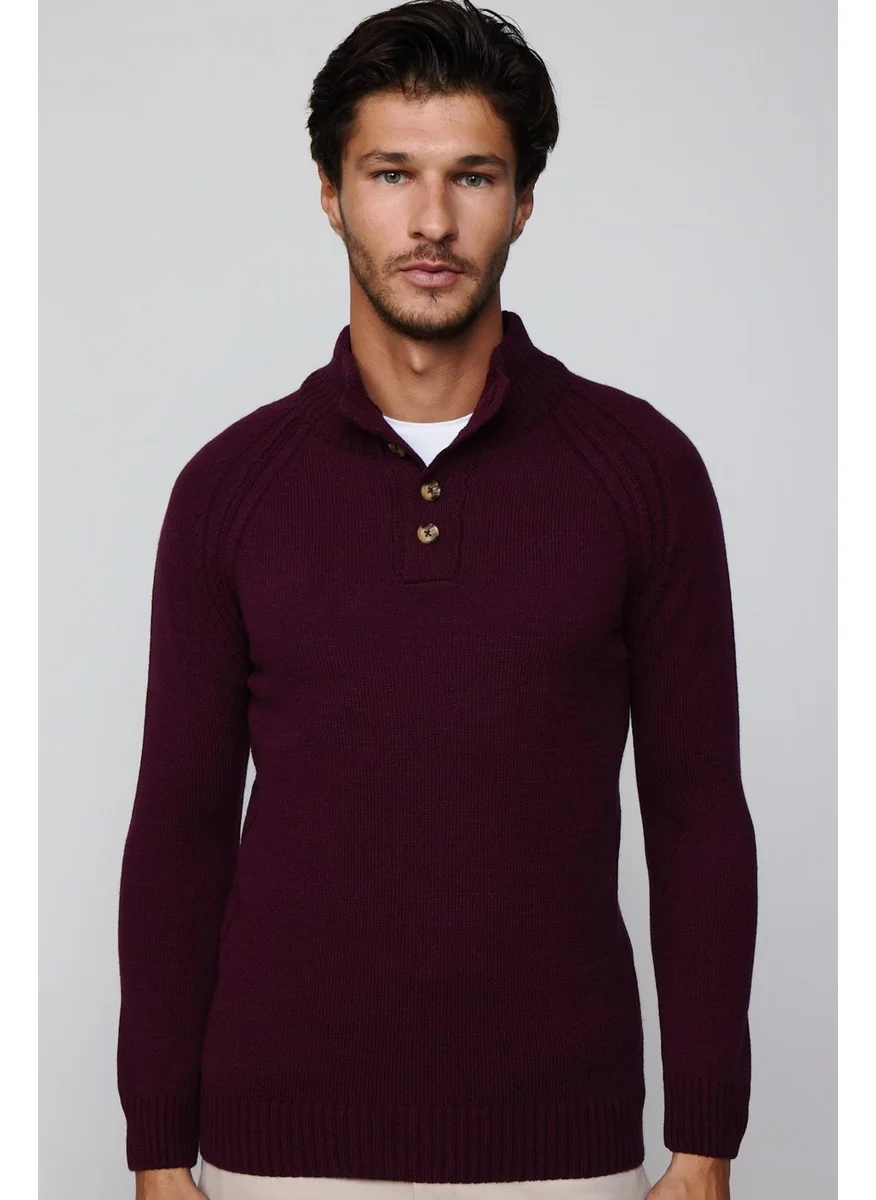 Tudors Men's Slim Fit Slim Fit Stand Collar Buttoned Burgundy Knitwear Sweater