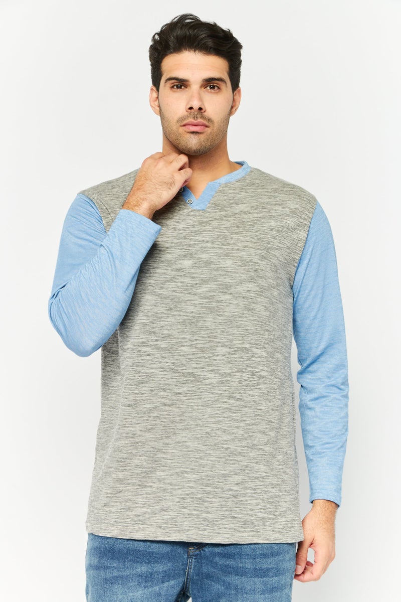 BRAVE SOUL Men Henley Neck Long Sleeves Heather  T-Shirt, Grey  - Image 1