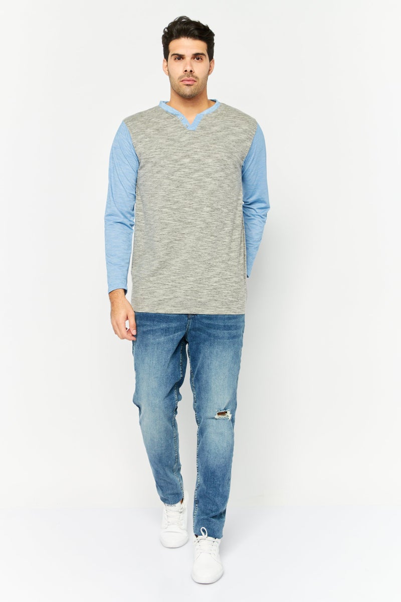 BRAVE SOUL Men Henley Neck Long Sleeves Heather  T-Shirt, Grey  - Image 2