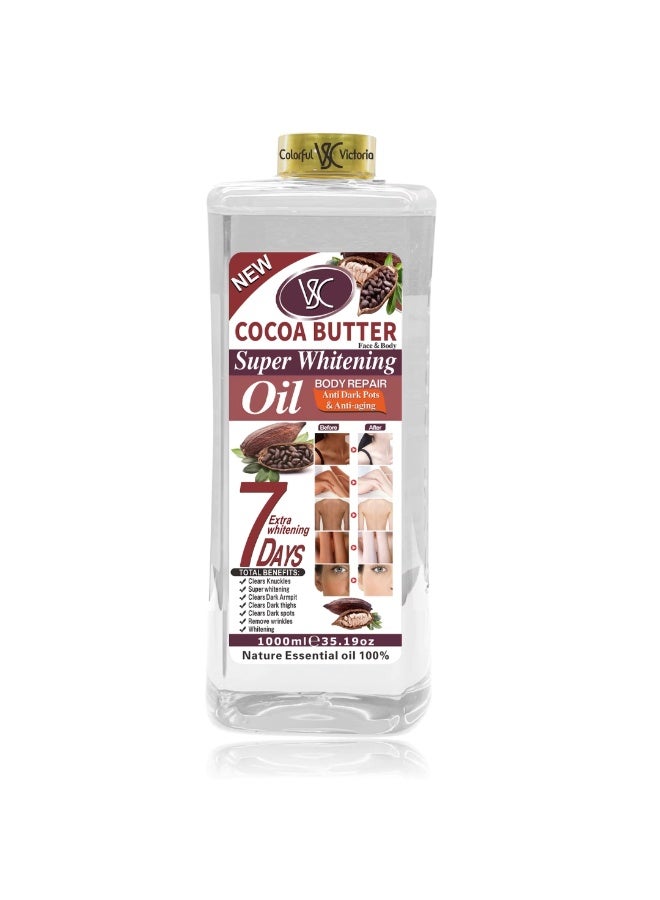 VSC زيت زبدة الكاكاو للتفتيح الفائق 1000 مل لإصلاح الجسم مضاد للبقع الداكنة ومضاد للشيخوخة يزيل التجاعيد ويضيء الإبطين الداكنين والفخذين والمفاصل الداكنة والبقع السوداء زيت تفتيح 100% زيت أساسي نقي للوجه والجسم - Image 1