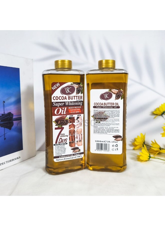 VSC زيت زبدة الكاكاو للتفتيح الفائق 1000 مل لإصلاح الجسم مضاد للبقع الداكنة ومضاد للشيخوخة يزيل التجاعيد ويضيء الإبطين الداكنين والفخذين والمفاصل الداكنة والبقع السوداء زيت تفتيح 100% زيت أساسي نقي للوجه والجسم - Image 2
