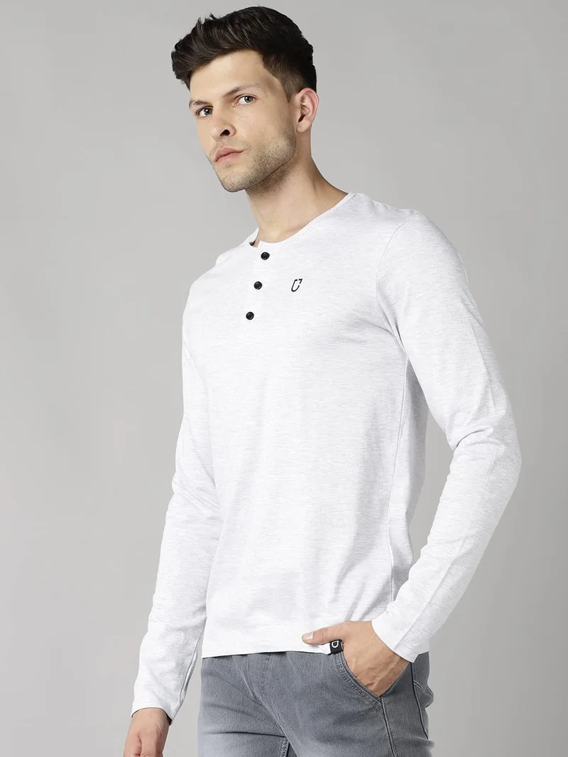 Urbano Fashion Men's White Melange Solid Henley Neck Slim Fit Full Sleeve Cotton T-Shirt