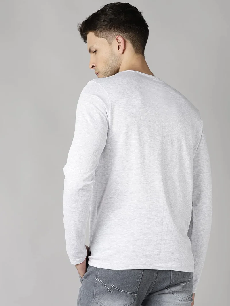 Urbano Fashion  Urbano Fashion Men's White Melange Solid Henley Neck Slim Fit Full Sleeve Cotton T-Shirt  | Best Price UAE