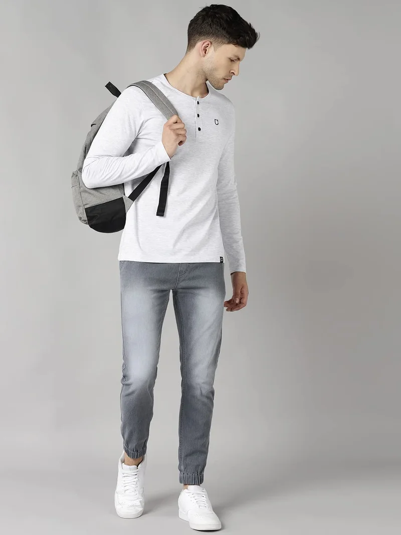 Urbano Fashion  Urbano Fashion Men's White Melange Solid Henley Neck Slim Fit Full Sleeve Cotton T-Shirt  | Best Price UAE