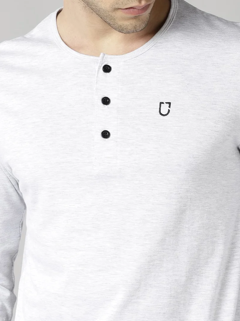 Urbano Fashion  Urbano Fashion Men's White Melange Solid Henley Neck Slim Fit Full Sleeve Cotton T-Shirt  | Best Price UAE