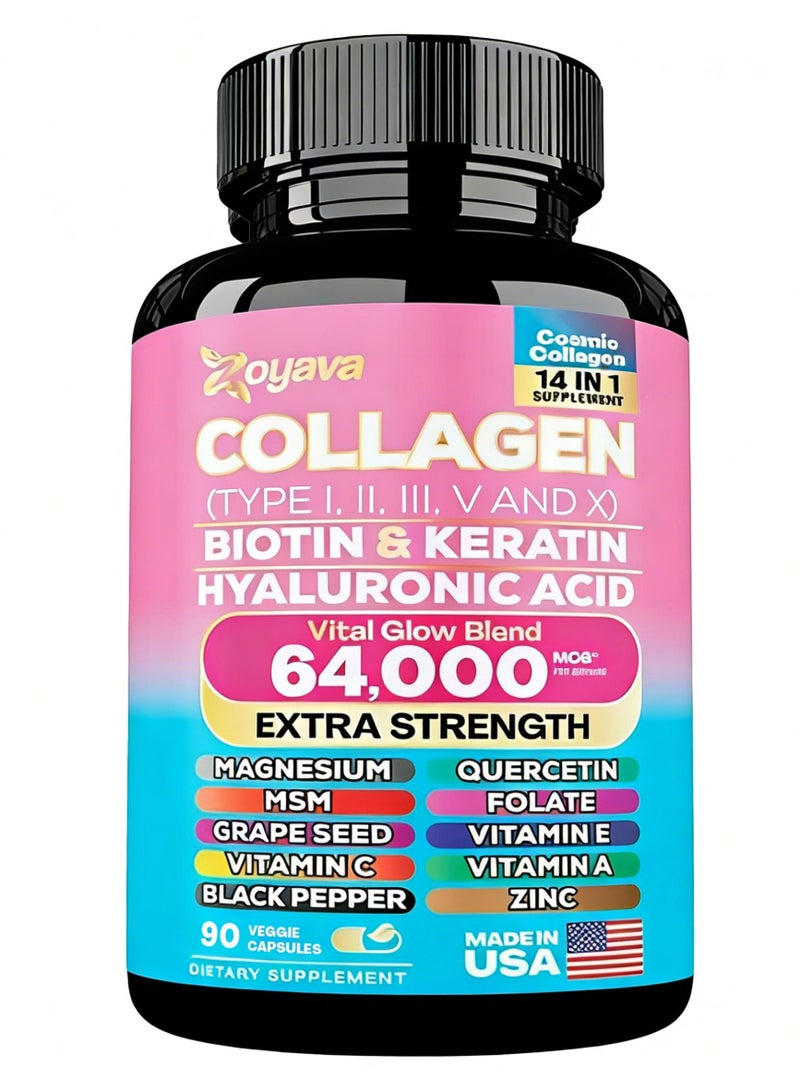 Zoyava Collagen Pills,Peptides Types I,II,III,V&X MCG Biotin Keratin Hyaluronic Acid MSM Vitamin Folic Acid Zinc Magnesium with Grape Seed Extract Quercetin  for Skin,Hair & Joint Health,90 Caps - Image 1