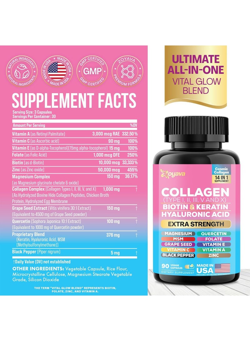 Zoyava Collagen Pills,Peptides Types I,II,III,V&X MCG Biotin Keratin Hyaluronic Acid MSM Vitamin Folic Acid Zinc Magnesium with Grape Seed Extract Quercetin  for Skin,Hair & Joint Health,90 Caps - Image 4