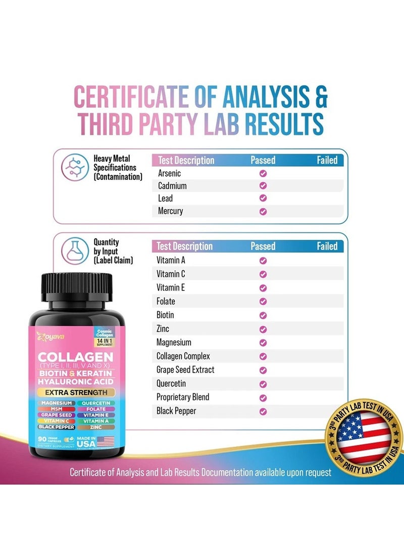 Zoyava Collagen Pills,Peptides Types I,II,III,V&X MCG Biotin Keratin Hyaluronic Acid MSM Vitamin Folic Acid Zinc Magnesium with Grape Seed Extract Quercetin  for Skin,Hair & Joint Health,90 Caps - Image 5