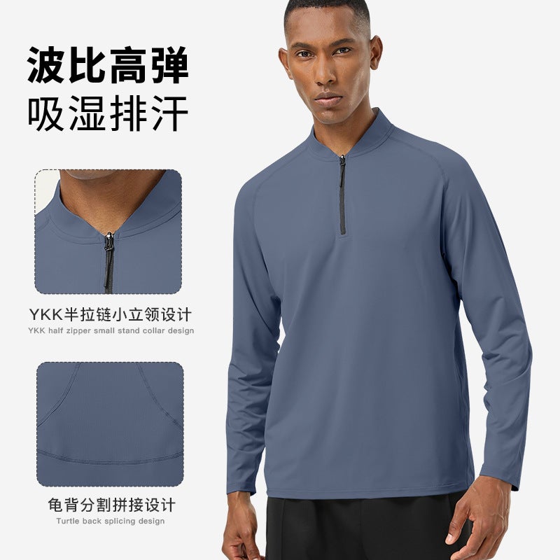 Mens New Slim Fit Zip Henley Shirt for Running Cloud gray  - Image 3