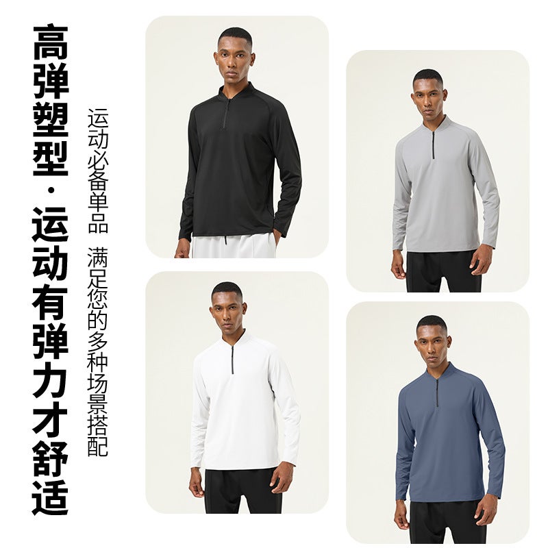 Mens New Slim Fit Zip Henley Shirt for Running Cloud gray  - Image 4