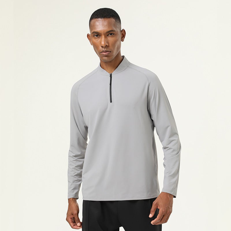 Mens New Slim Fit Zip Henley Shirt for Running Cloud gray  - Image 1