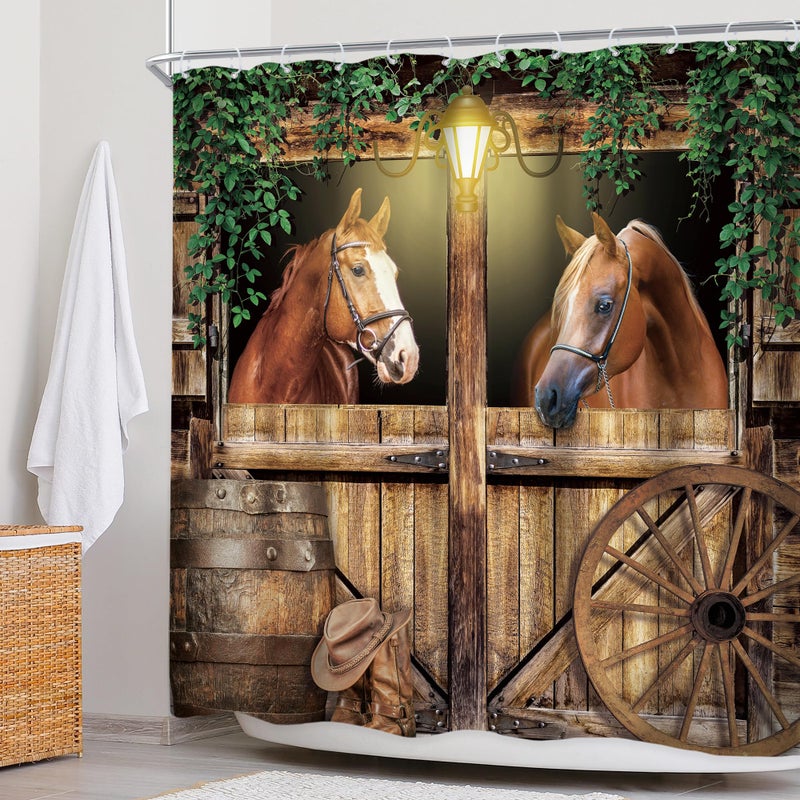 Newsely Western Horse Barn Door Shower Curtain 72Wx72H Inch Farmhouse Cowboy Old Wild West Green Leaves Shower Curtain Bathroom Set Wood Stable Wheels Waterproof Bath Decoration Accessories Home Decor - Image 3