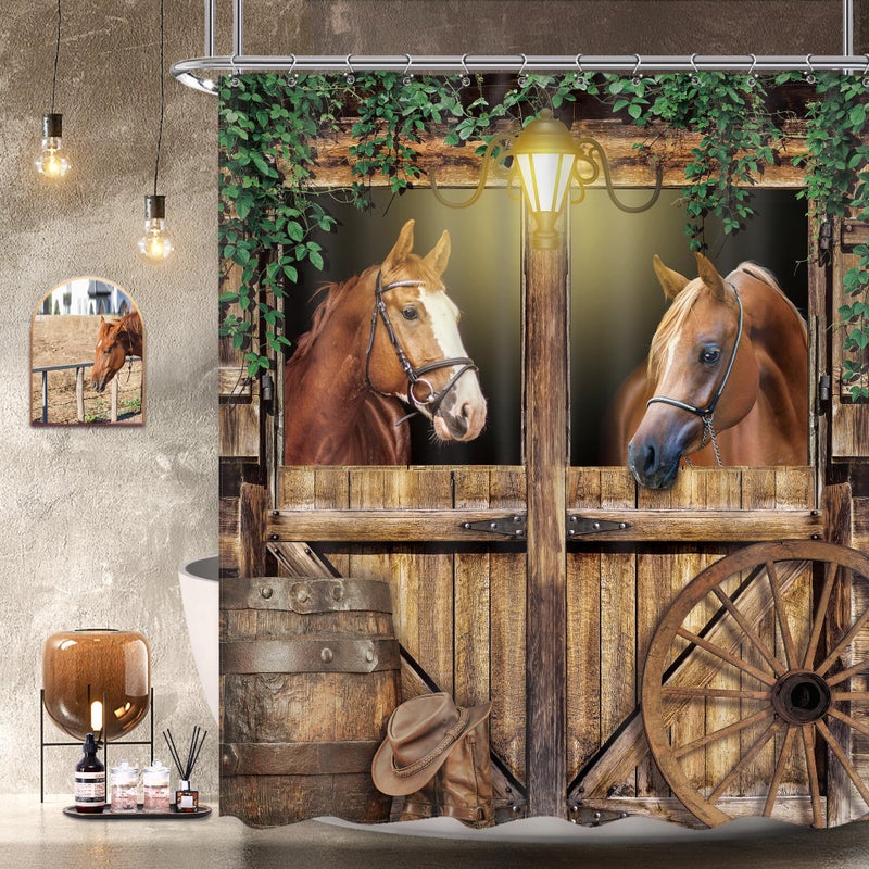 Newsely Western Horse Barn Door Shower Curtain 72Wx72H Inch Farmhouse Cowboy Old Wild West Green Leaves Shower Curtain Bathroom Set Wood Stable Wheels Waterproof Bath Decoration Accessories Home Decor - Image 1