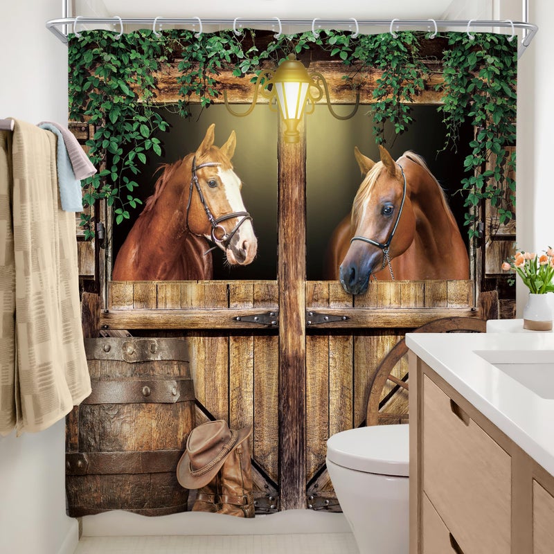 Newsely Western Horse Barn Door Shower Curtain 72Wx72H Inch Farmhouse Cowboy Old Wild West Green Leaves Shower Curtain Bathroom Set Wood Stable Wheels Waterproof Bath Decoration Accessories Home Decor - Image 4